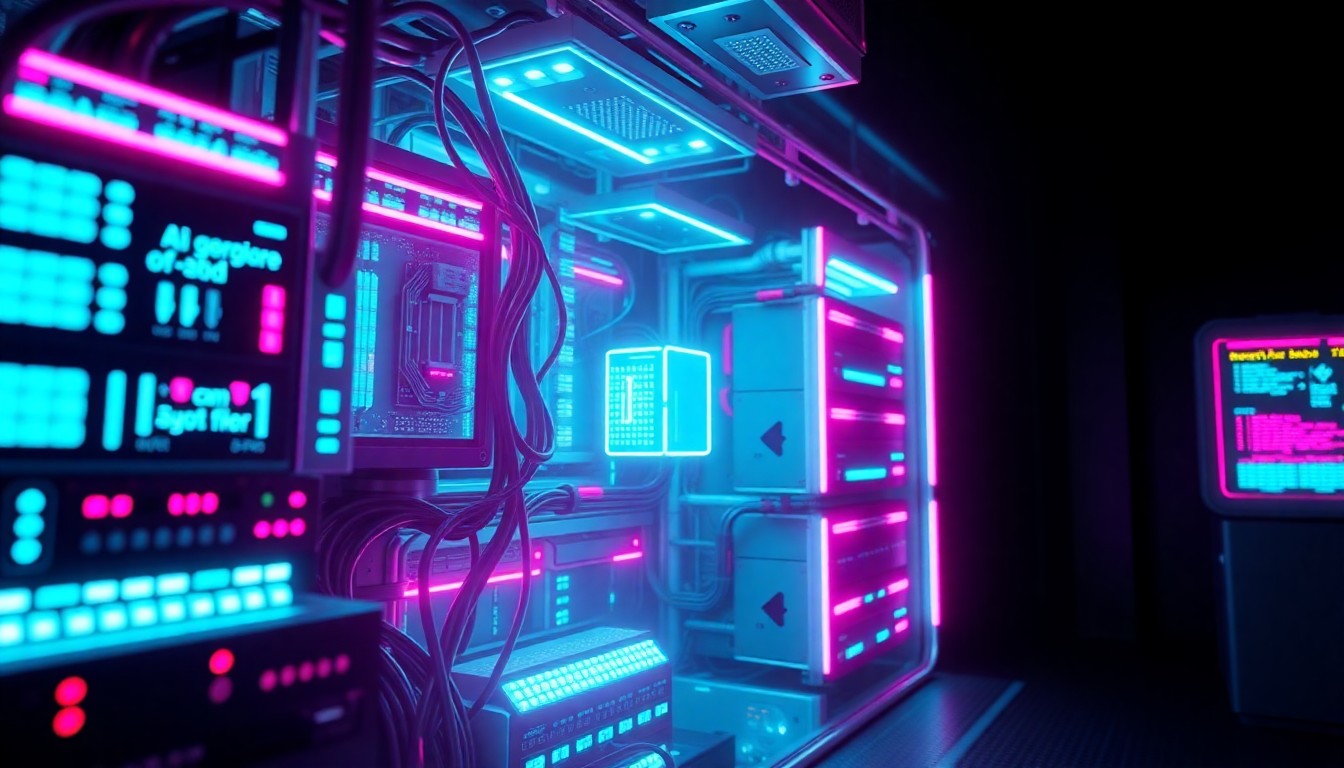 A highly detailed, glowing 3D illustration of a complex cybersecurity infrastructure system, with neon cyan and magenta lights illuminating the various hardware components, conceptually representing the power and complexity of advanced AI-powered cybersecurity tools.
