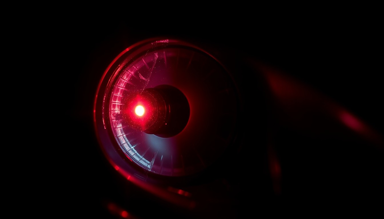 An extreme close-up photograph of a damaged car sensor lens reflecting a faint red light, creating a stark, gritty, and investigative aesthetic.