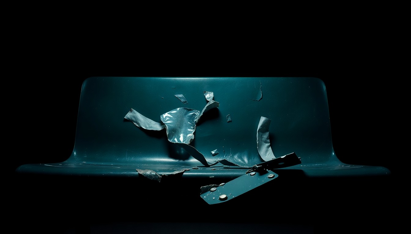 An extreme close-up of a damaged bus bench seat, the twisted metal and shattered plastic creating a stark, gritty visual that conceptually illustrates the aftermath of a traffic incident at a public transit stop.