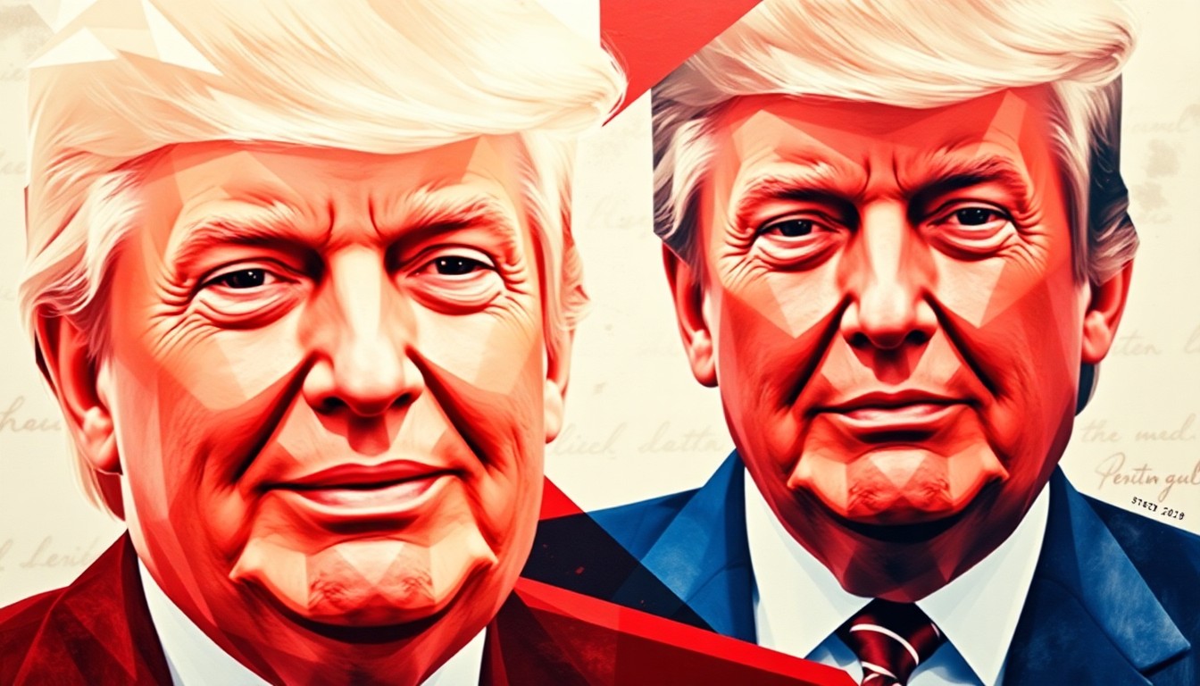 A dynamic, fragmented painting featuring two political figures in motion, their forms overlapping and repeating in waves of red, white, and blue, conveying a sense of political maneuvering and competition.