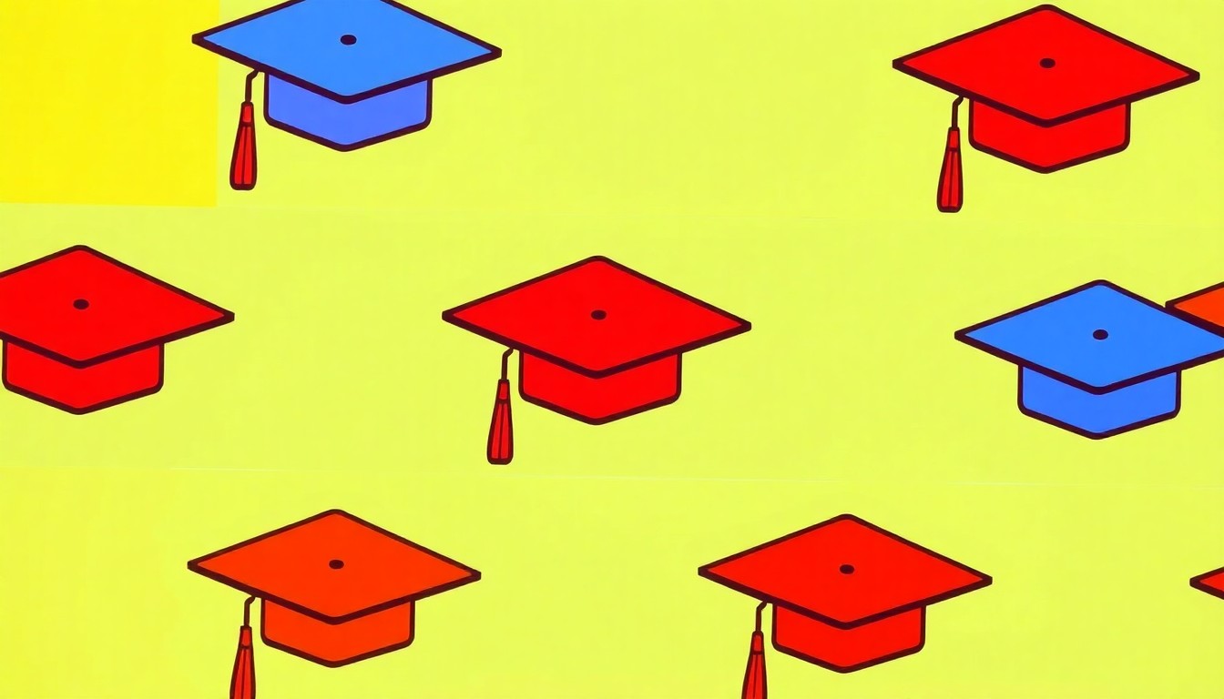 A brightly colored, high-contrast silkscreen print of a graduation cap icon repeated in a tight grid pattern, representing the diverse career paths explored by students at the school's career day event.