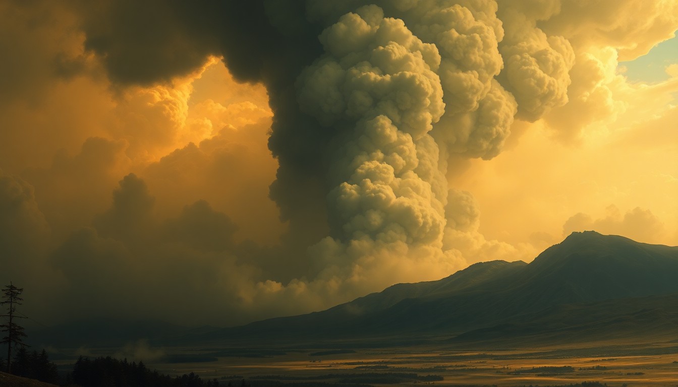 A vast, atmospheric landscape painting in muted earth tones, with a massive, billowing plume of smoke rising up from the distant horizon, conceptually representing the scale and power of a vegetation fire in a rural area.