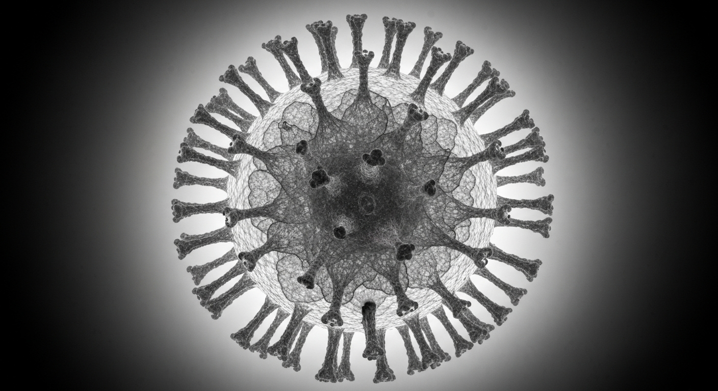 An extreme close-up X-ray photograph showing the intricate, ghostly structure of a measles virus particle against a dark background, conceptually illustrating the medical details of this infectious disease.