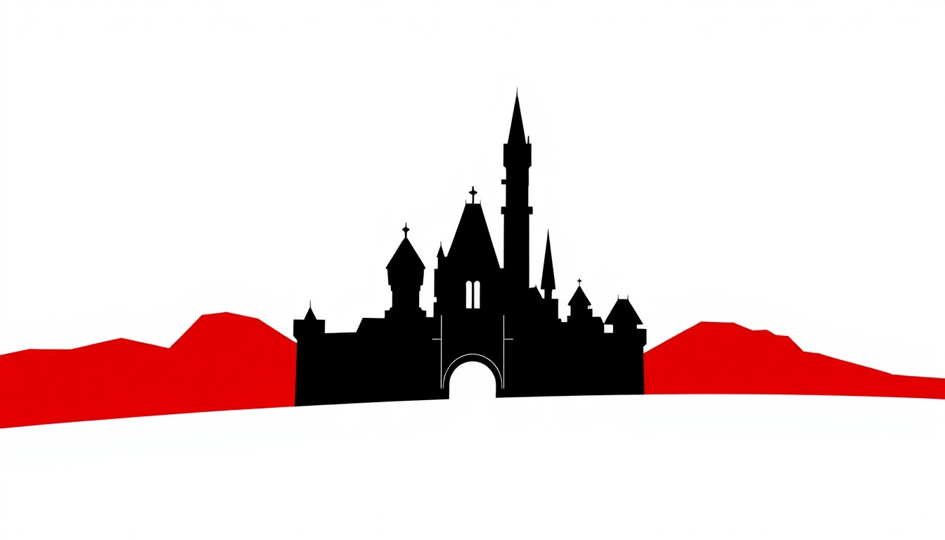 An abstract, minimalist illustration featuring bold black silhouettes and high-contrast solid colors like red and white, conceptually representing the iconic Disney castle logo in a stylized, graphic design.