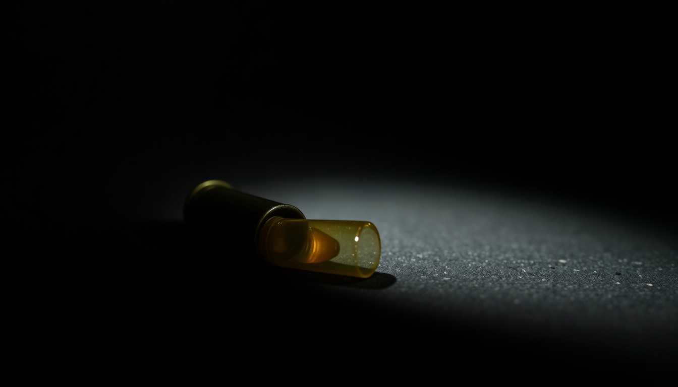 An extreme close-up photograph of a single spent shell casing on a dark surface, lit by a harsh, direct camera flash, conceptually illustrating the forensic investigation into a violent incident.