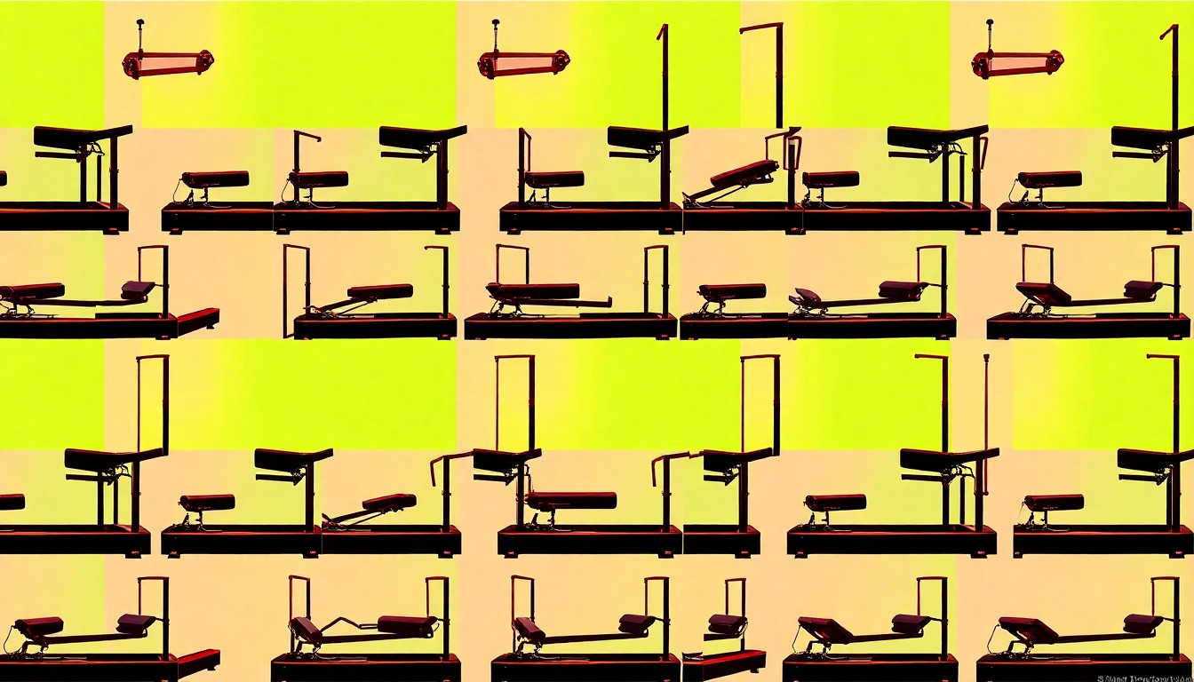 A brightly colored, high-contrast silkscreen print of a Pilates Reformer machine repeated in a tight grid pattern, representing the workout's transformation into a cultural symbol beyond just fitness.