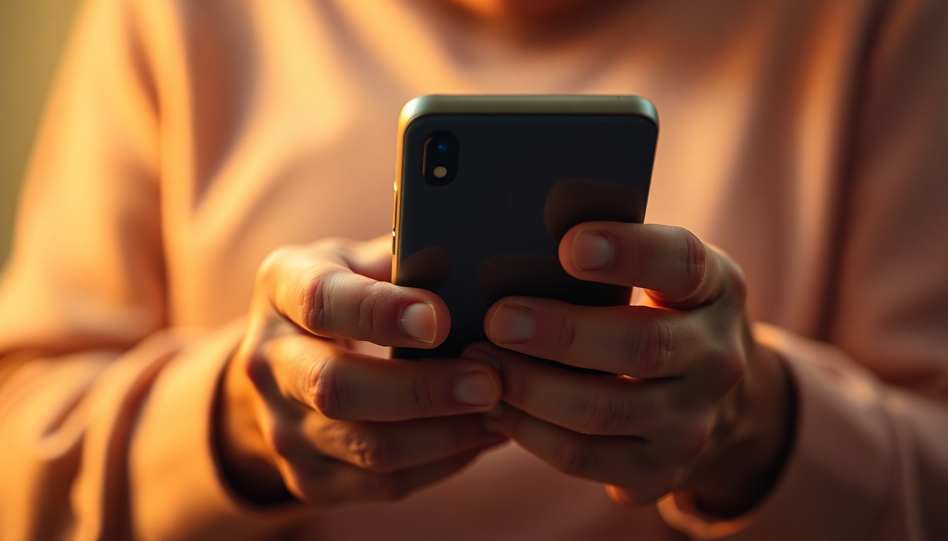 An abstract, out-of-focus photograph of an older adult's hands holding a smartphone, surrounded by a warm, hazy glow of light, conceptually representing the caution and thoughtfulness needed when engaging with digital technology.