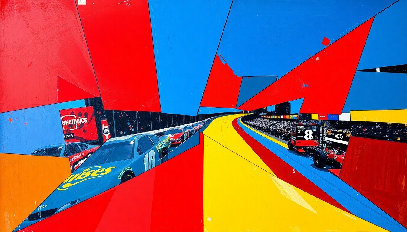 A fragmented, geometric painting in bold primary colors depicting the dynamic motion and energy of a NASCAR race, with no discernible human figures or identifiable elements.