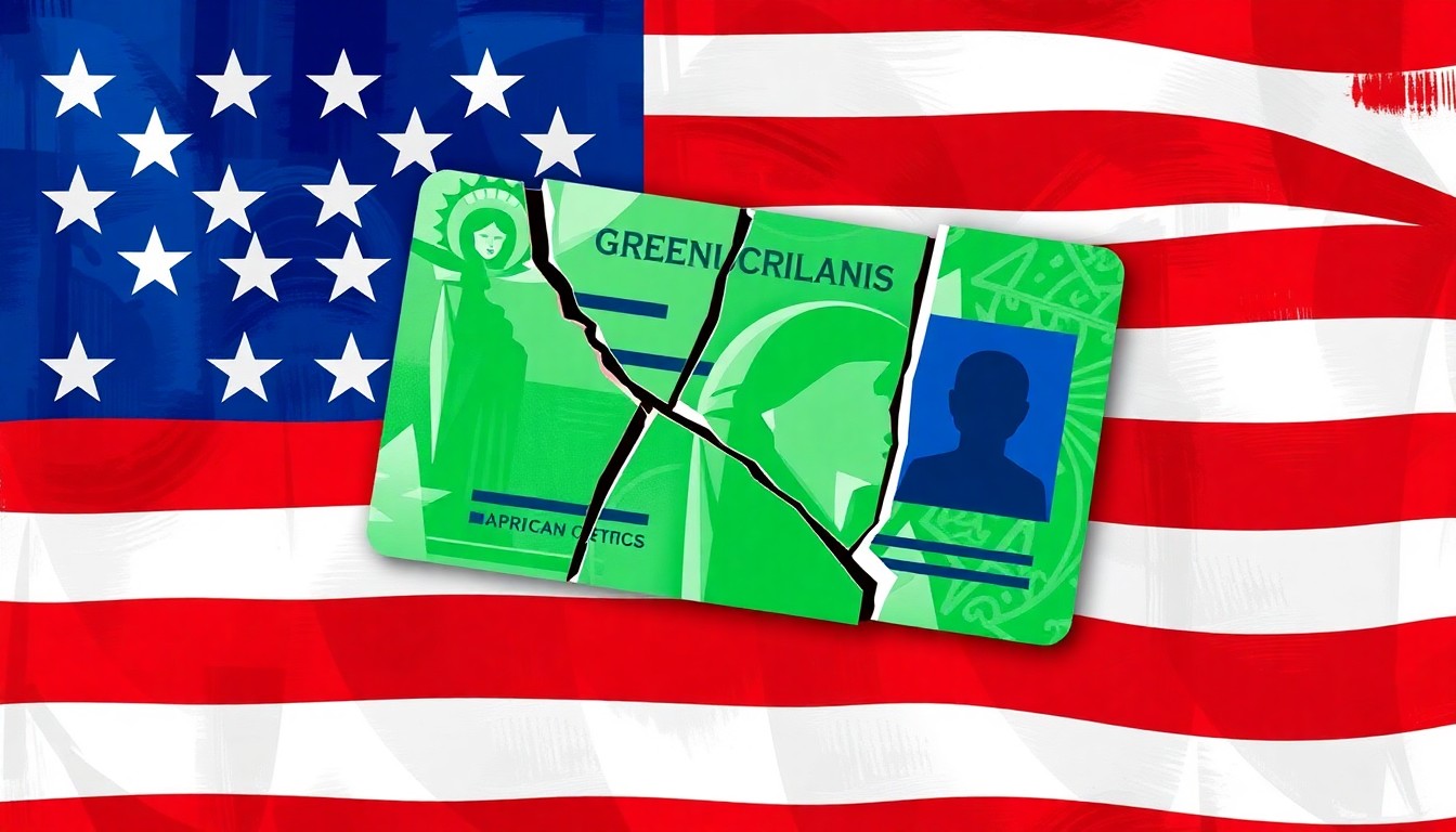 A dynamic, fragmented painting featuring the shapes of a green card and an American flag, conveying the uncertain legal position of permanent residents in the U.S.