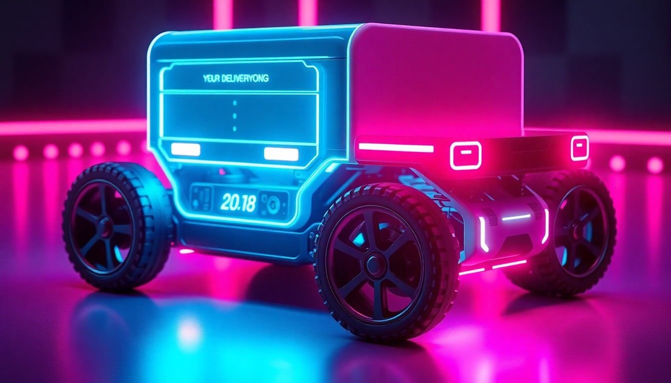 A highly detailed, glowing 3D illustration of the chassis and internal components of an autonomous delivery robot, illuminated by neon cyan and magenta lights, conceptually representing the advanced technology powering these services.