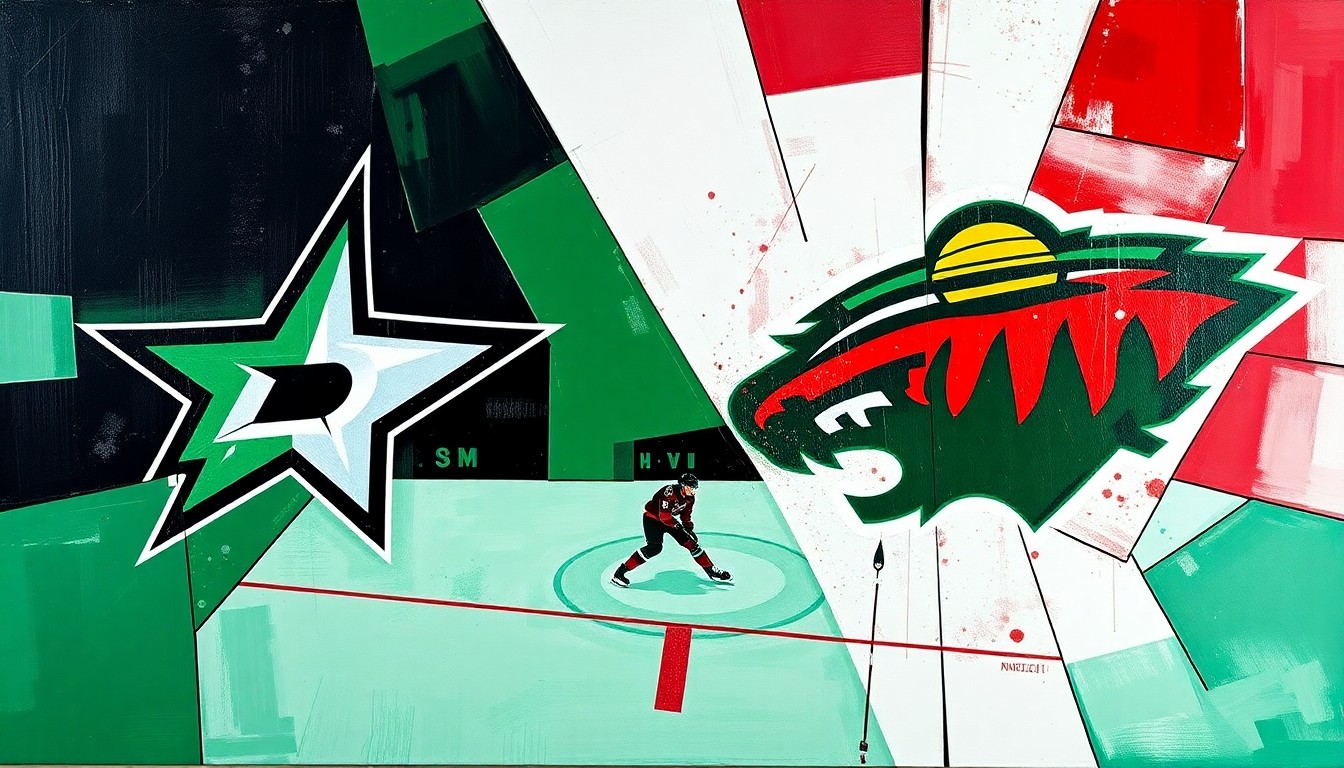 A cubist-style painting featuring sharp, overlapping geometric shapes in the colors of the Dallas Stars and Minnesota Wild hockey teams, conveying the energy and tactical nature of their upcoming playoff series.