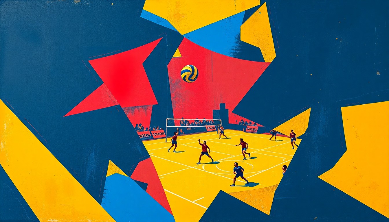 A cubist-style painting depicting a volleyball game in motion, with the players and ball broken down into overlapping geometric shapes in a vibrant color palette, conceptually representing the dynamic nature of the sport and the new opportunities ahead for the student-athlete.