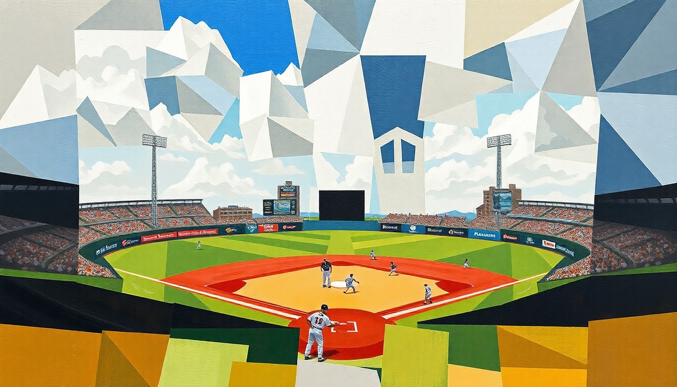 A fragmented, geometric painting in shades of blue, green, and orange, depicting the abstract shapes and planes of a baseball game without any identifiable players or field elements.