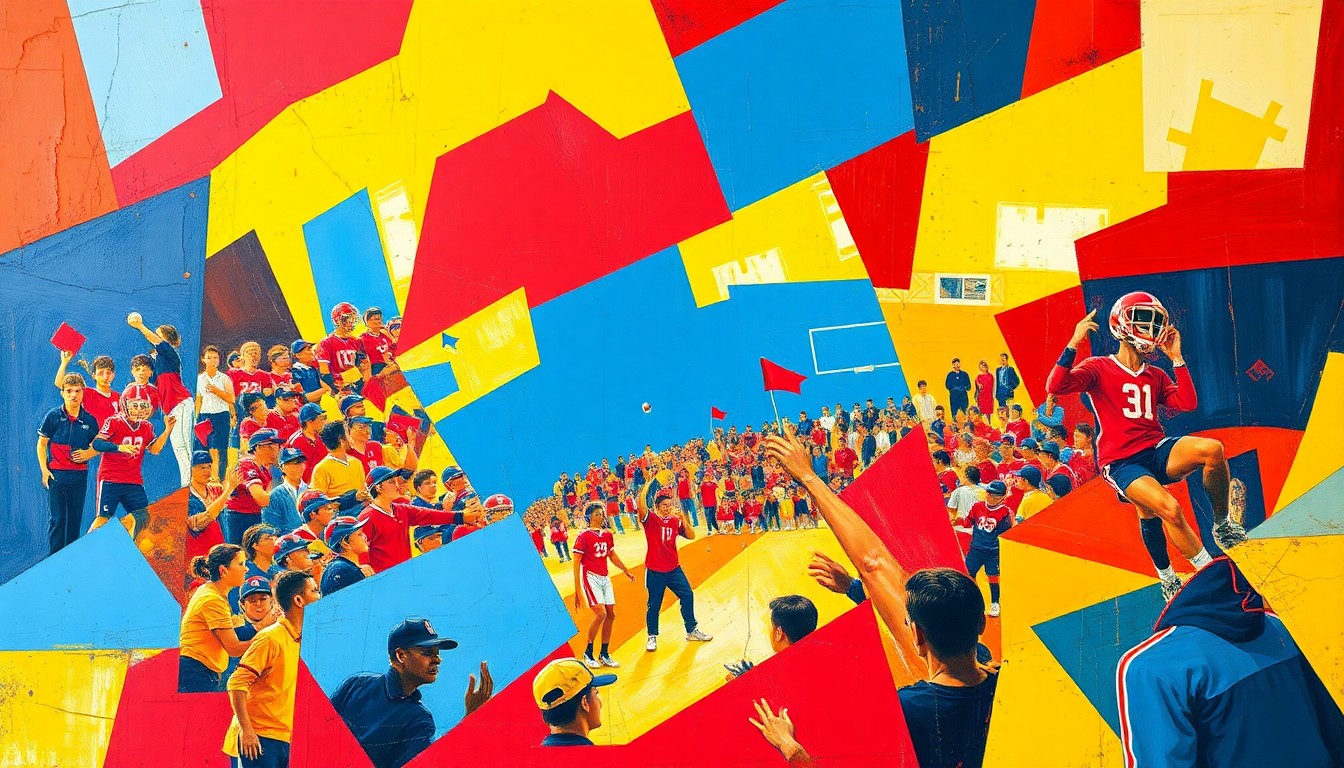 A cubist, geometric painting depicting fragmented, overlapping shapes and planes in a vibrant color scheme, representing the diverse talents and achievements of Ocala's nominated high school athletes, coaches, and trainers.