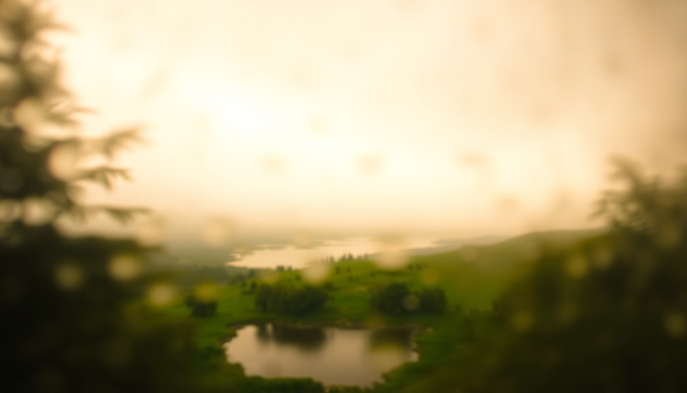 An impressionistic, out-of-focus photograph depicting a tranquil natural scene with a body of water and lush greenery, rendered in soft, warm tones and hazy light to convey a dreamlike, atmospheric quality.