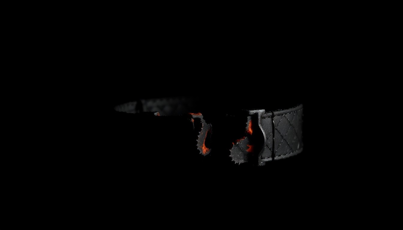 An extreme close-up of a charred dog collar against a pitch-black background, conceptually illustrating the tragedy of animal cruelty.