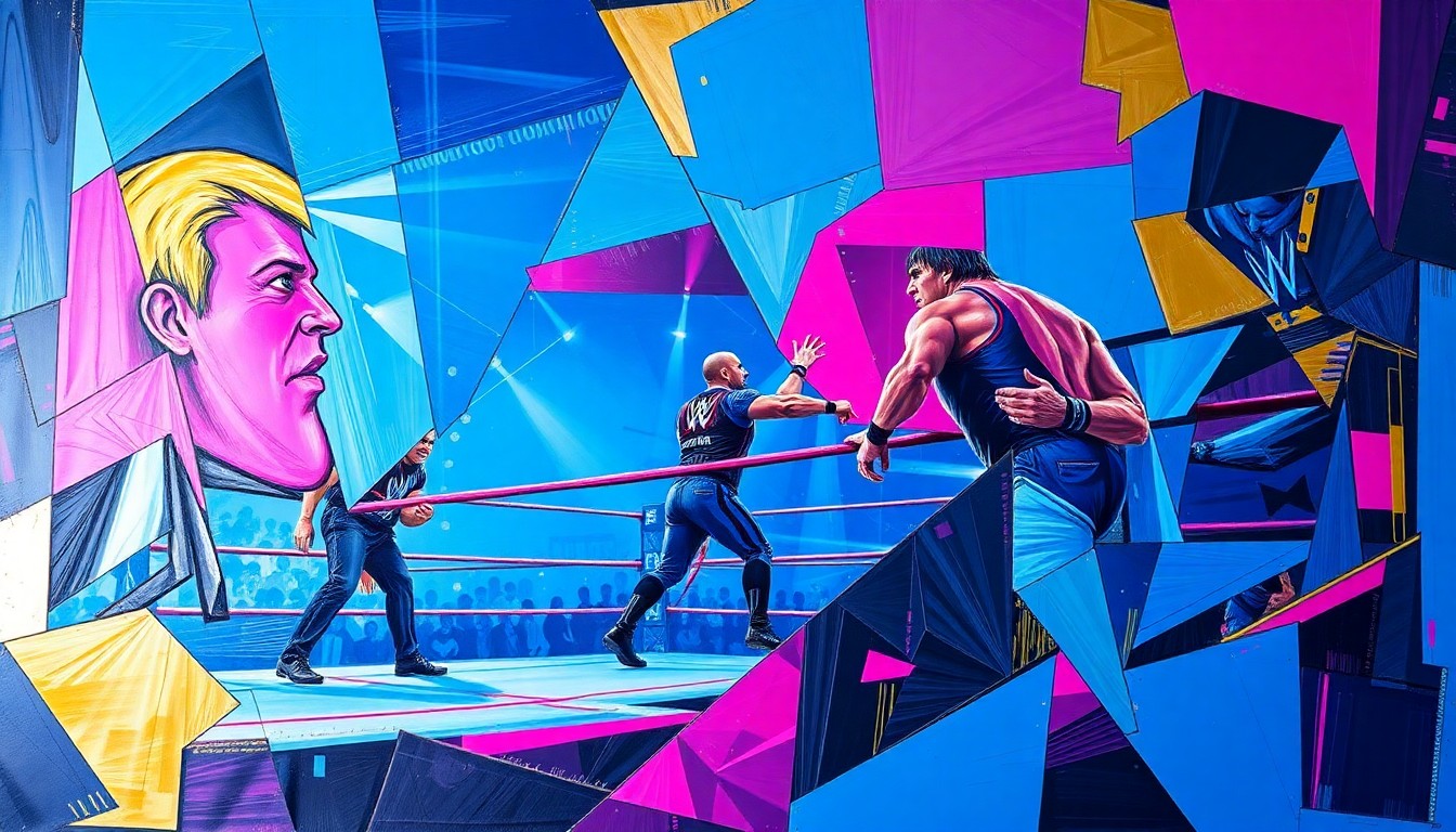 A dynamic, cubist-style painting depicting a WWE wrestling match broken down into fragmented geometric shapes in bright, neon colors, conveying the high-energy and community spirit of the event.