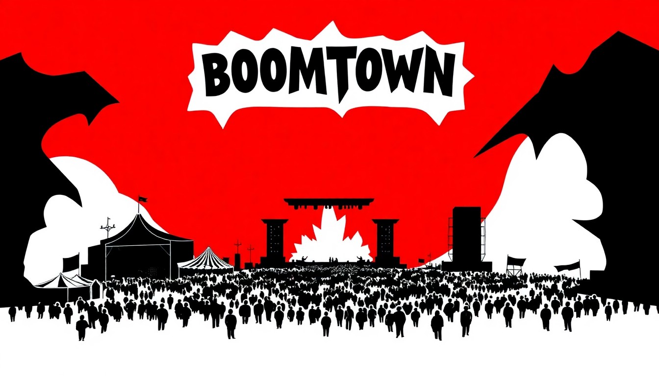 An abstract, minimalist illustration featuring sharp, geometric black silhouettes representing the various elements of the Boomtown Festival, set against a high-contrast background of solid red and white, conceptually capturing the tensions between the event and the protected national park landscape.