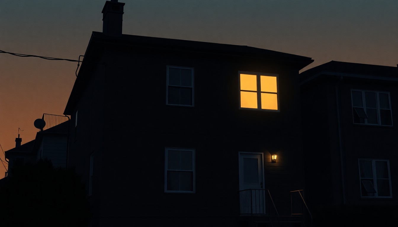 A dimly lit townhouse at dusk, with a single light glowing in an upstairs window, conveying a sense of quiet melancholy and the personal toll of public scandal.