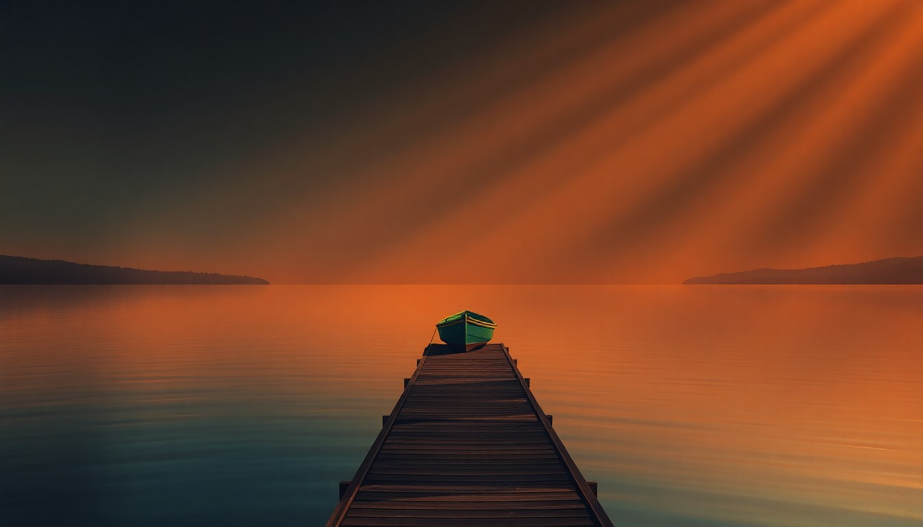 A serene oil painting of a wooden boat dock on the shore of a calm lake, with the water and surrounding trees reflected in the still surface. The scene is bathed in warm, golden sunlight, creating deep shadows and a sense of quiet contemplation.