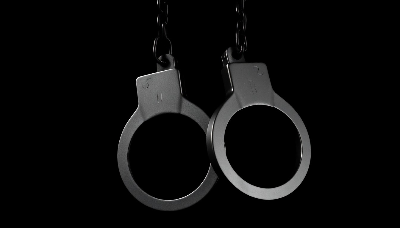 An extreme close-up photograph of a pair of handcuffs against a pitch-black background, creating a stark, gritty, investigative aesthetic through the use of harsh, direct lighting.