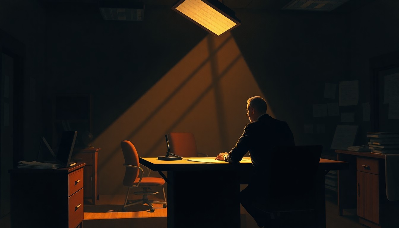 A photorealistic painting of a lone reporter sitting at a desk in a dimly lit newsroom, the warm light casting deep shadows across the scene, conveying a sense of quiet contemplation and the challenges of reporting on a politically charged conflict.