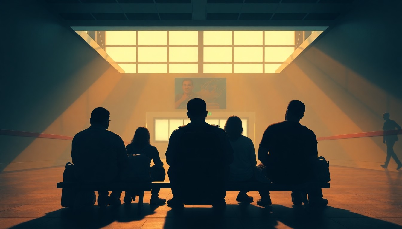 A cinematic painting depicting a group of Venezuelan migrants sitting alone in a dimly lit Miami airport terminal, the warm sunlight casting deep shadows across their weary faces as they await an uncertain future.