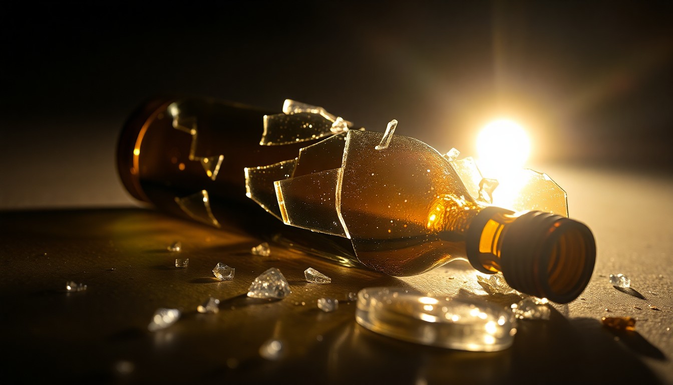 An extreme close-up photograph of broken glass shards on the floor, the harsh lighting creating dramatic shadows and textures to convey the intensity and chaos of the incident.