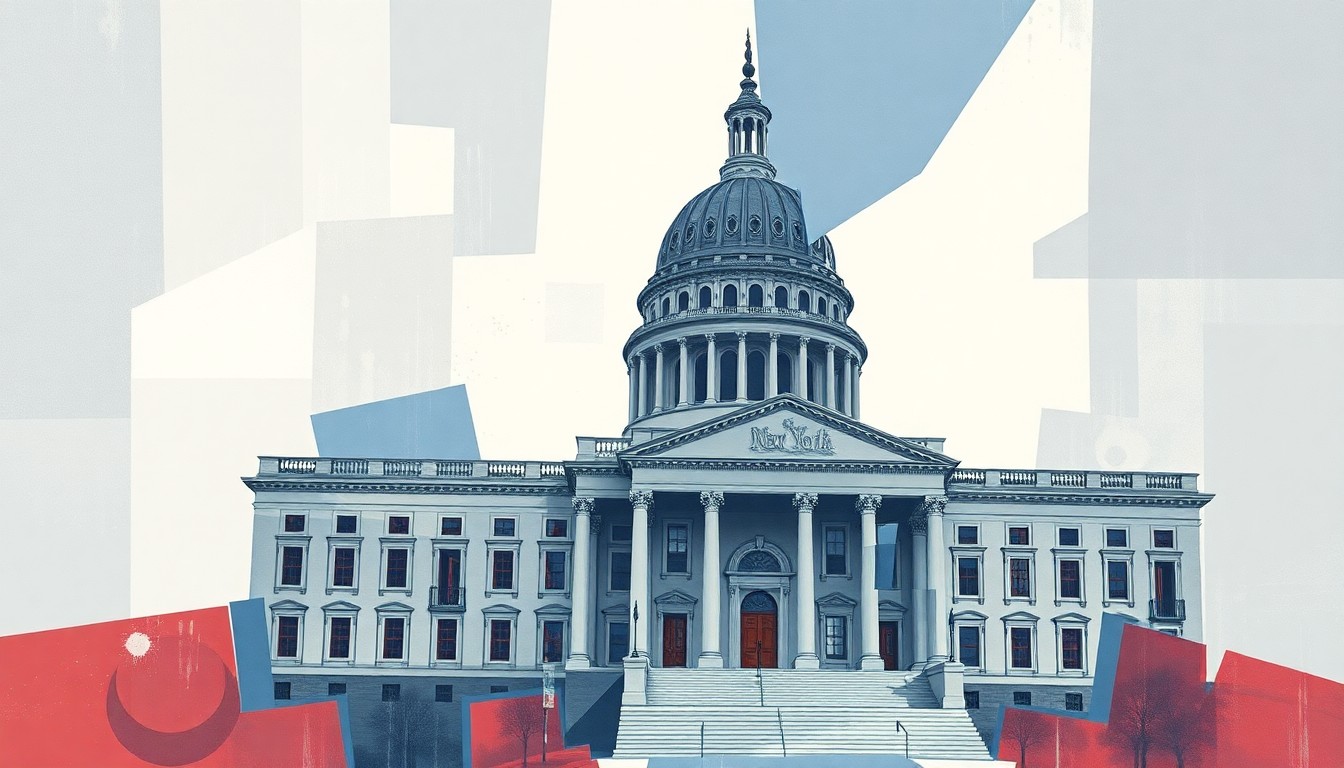 An abstract, fragmented painting in shades of blue, grey, and red, depicting a government building or office in a state of visual disarray, conveying a sense of political turmoil and self-serving behavior.