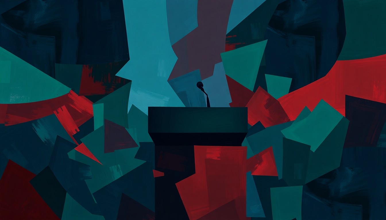 A fractured, abstract painting of a politician's podium in overlapping geometric shapes and waves of dark blue, forest green, and deep red, conveying the chaotic energy of a high-stakes political race.