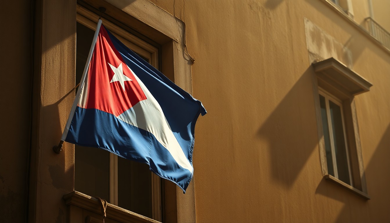 A cinematic painting of a solitary Cuban flag hanging from a dilapidated building, the warm sunlight and deep shadows creating a melancholic, nostalgic mood that reflects the political and economic turmoil in Cuba.