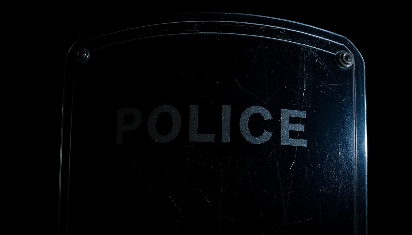 An extreme close-up photograph of a police riot shield with scuff marks and scratches, capturing the gritty details and stark contrast of an investigative scene.