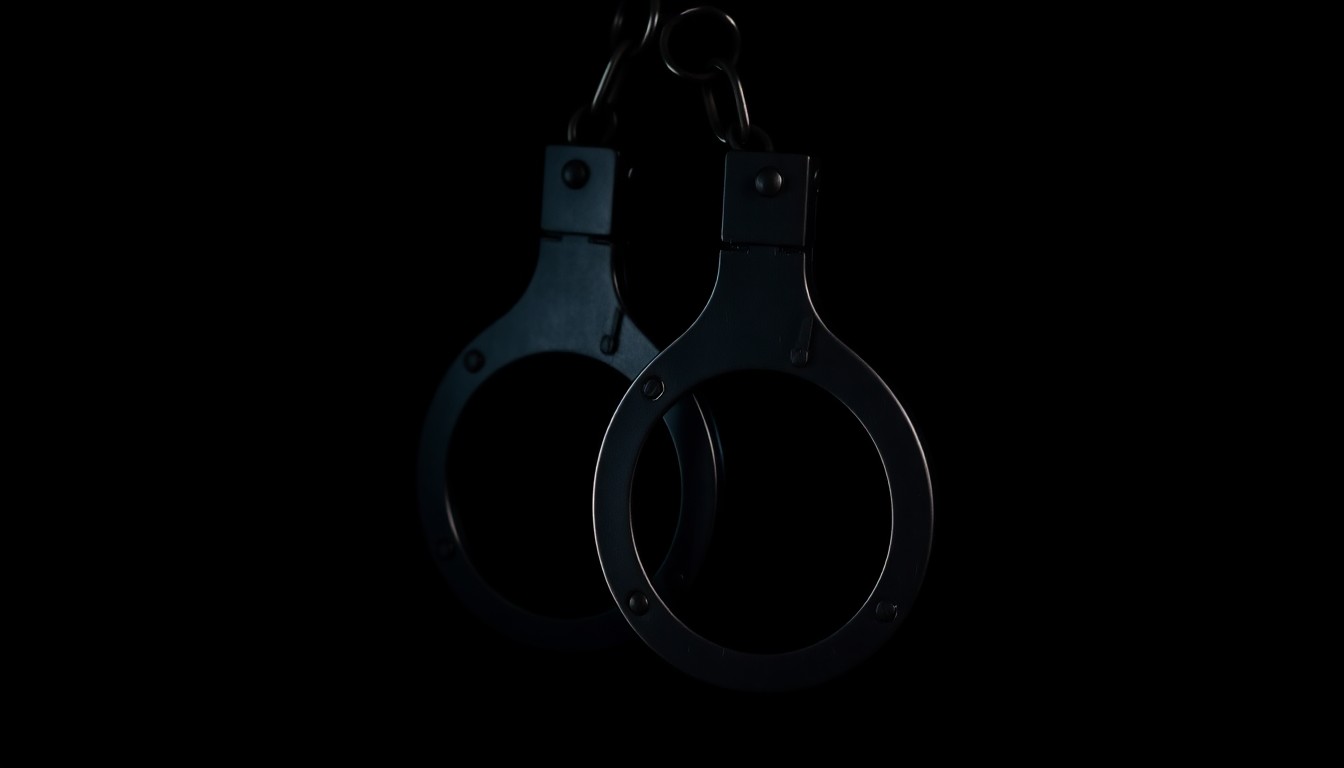 An extreme close-up photograph of a pair of handcuffs against a pitch-black background, the metal reflecting a harsh, direct camera flash. The handcuffs are the sole focus, creating a stark, gritty, investigative visual.