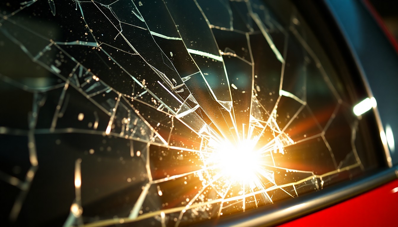 An extreme close-up photograph of shattered glass from a car window, the surface reflecting a harsh, direct flash of light, conceptually representing the investigation into a police shooting incident.