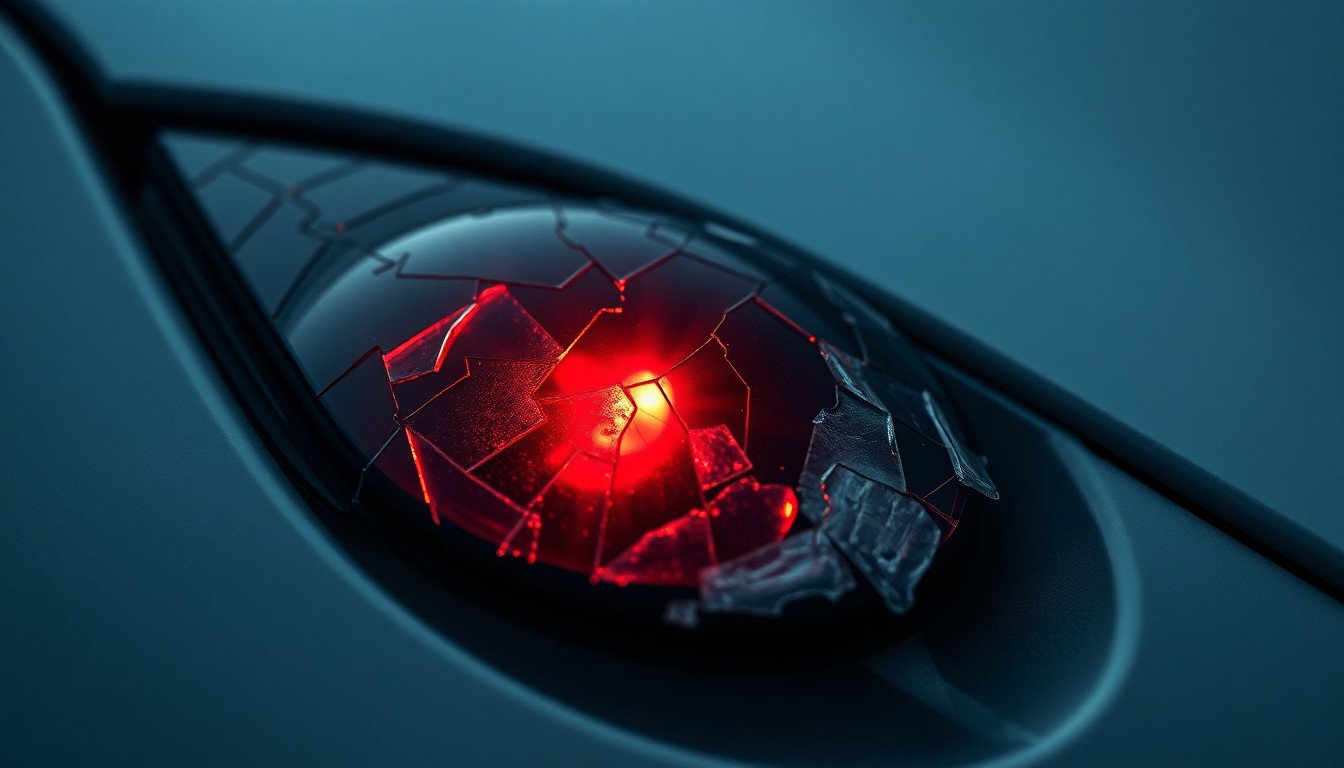 An extreme close-up of a shattered car sensor lens reflecting a faint red light, conceptually illustrating the vandalism of self-driving cars.