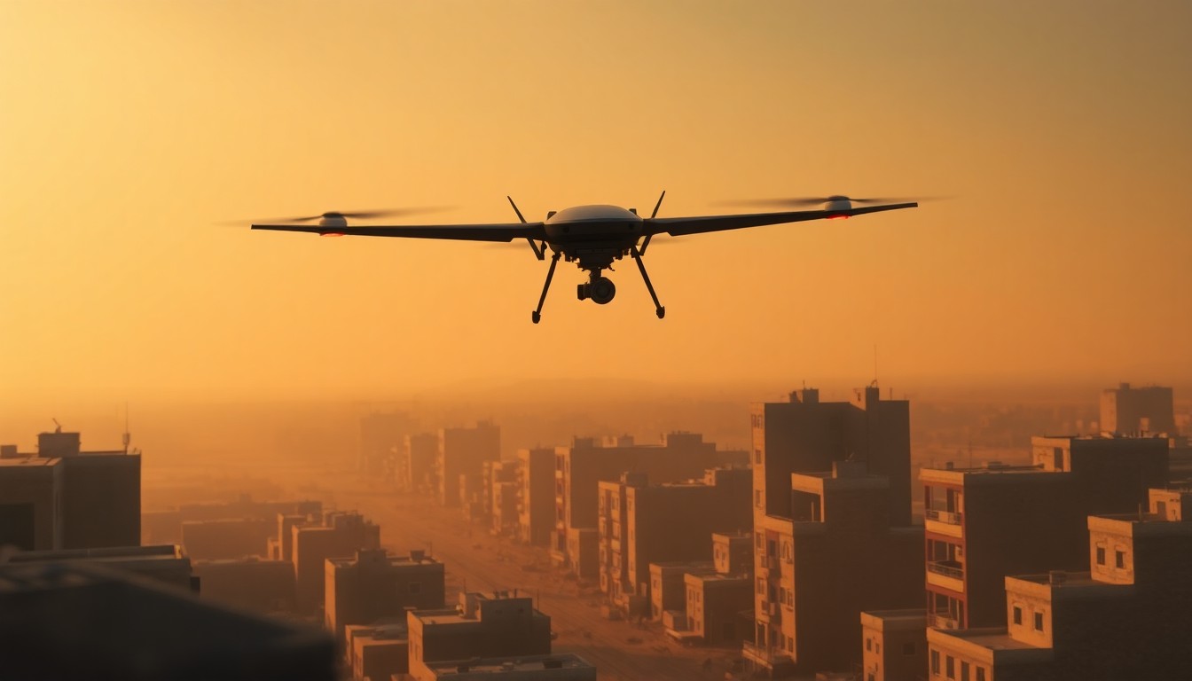 A cinematic painting of a lone U.S. military drone silently soaring over a deserted urban landscape, the warm sunlight and deep shadows conveying a sense of melancholy and uncertainty surrounding the ongoing conflict.