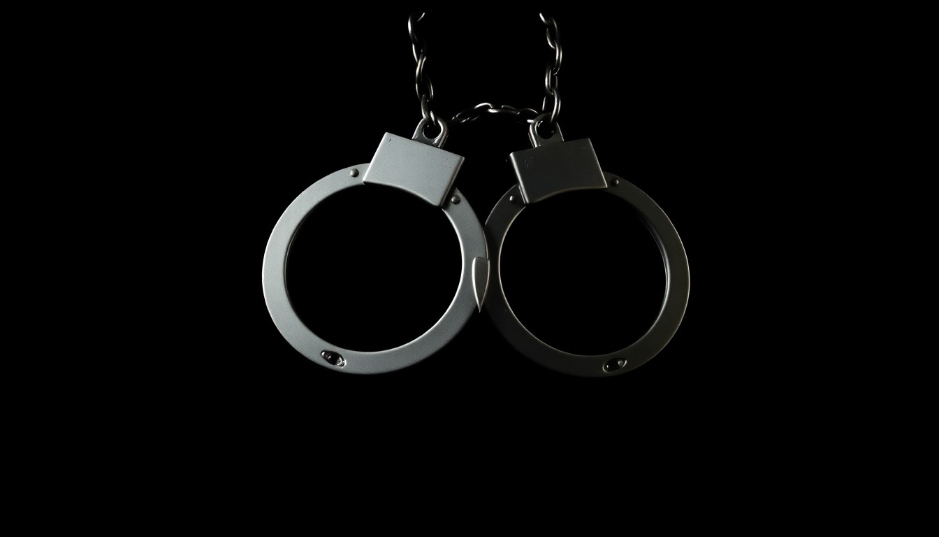 An extreme close-up photograph of a pair of handcuffs against a pitch-black background, lit by a harsh, direct camera flash, conceptually illustrating the serious legal consequences faced by the ICE agent.