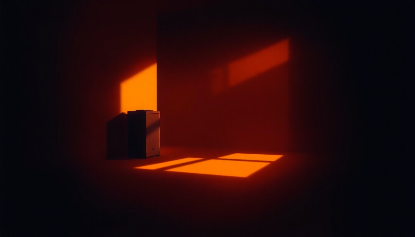 A dimly lit, cinematic painting depicting an empty, shadowy political office space with a lone desk and chair bathed in warm, diagonal sunlight, conceptually representing the changing dynamics within the Moms for Liberty organization.