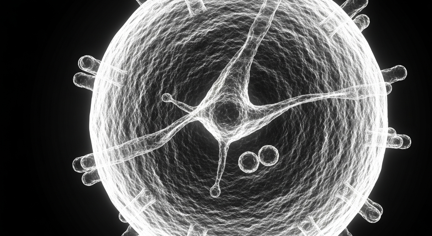 A ghostly, translucent X-ray image showing the intricate internal structure of a measles virus particle against a dark background.