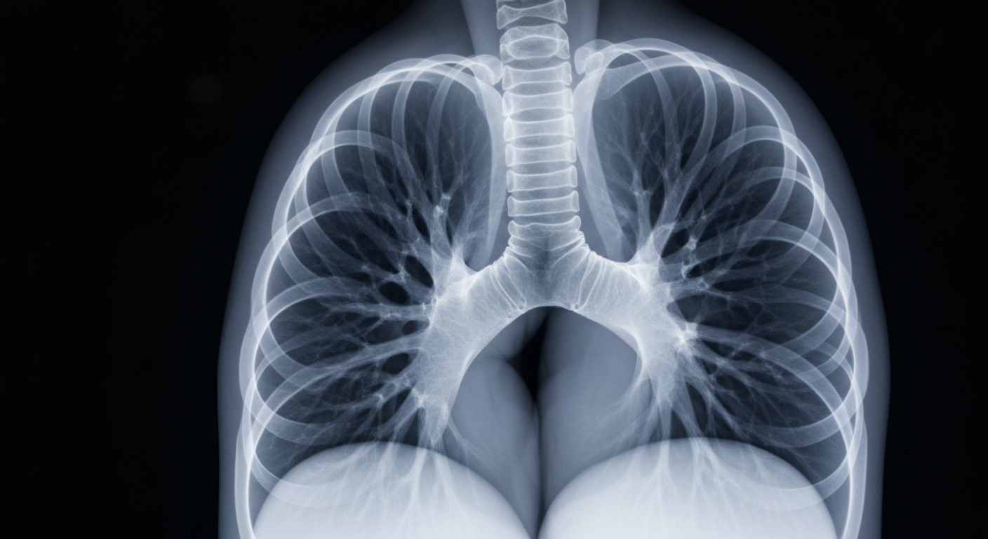 An extreme close-up X-ray photograph of a human lung, glowing with ghostly detail against a dark background, conceptually representing the clinical nature of a measles outbreak.