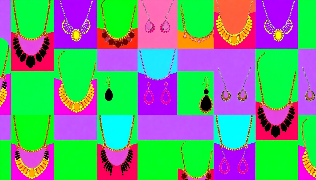 A high-contrast silkscreen print of a heart-shaped necklace pendant repeated in a grid pattern, rendered in bold, neon-inspired colors with heavy black outlines, conceptually representing Cate & Chloe's modern, accessible approach to jewelry design.