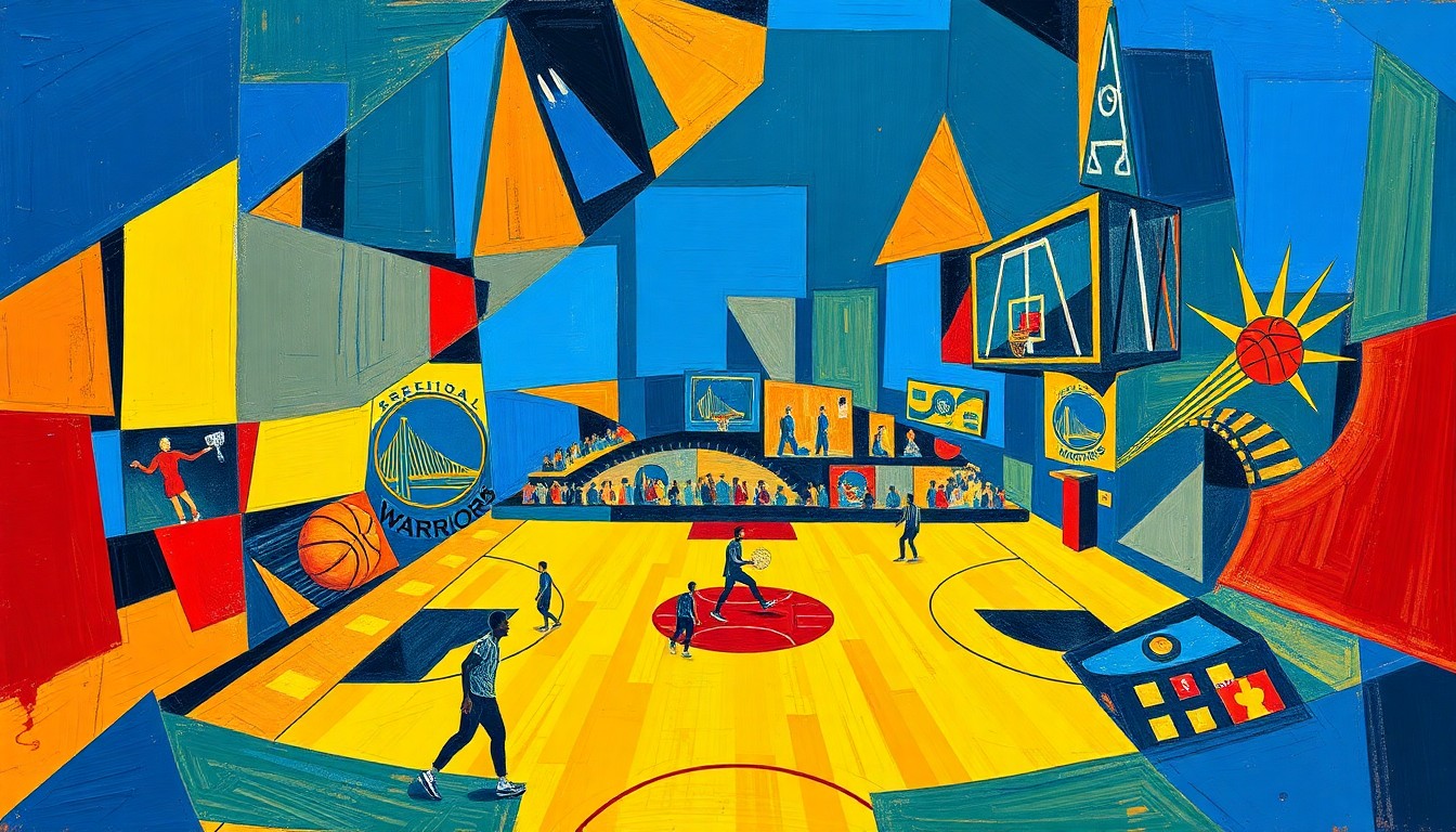 A cubist, geometric painting depicting a basketball game between two teams, with the players and court fragmented into sharp, overlapping planes of color.