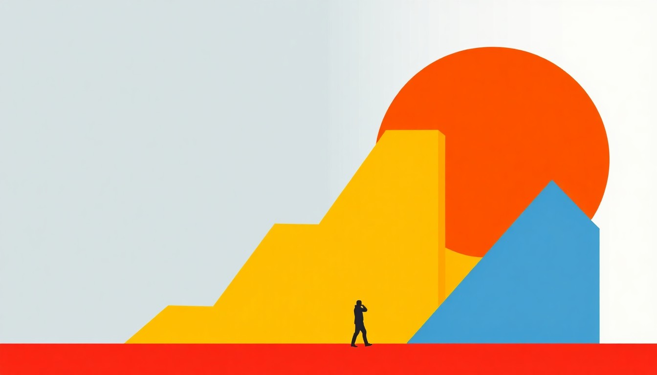 A composition of overlapping triangles and rectangles in shades of red, blue, and yellow, conceptually representing the complex economic forces driving inflation.
