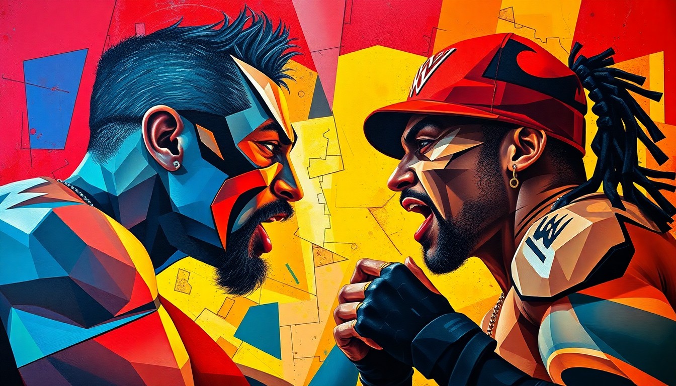 A cubist-style painting depicting a physical altercation between two figures, with their bodies and movements broken down into sharp, overlapping geometric shapes and planes in a vibrant color palette, conceptually representing the staged nature of the incident.