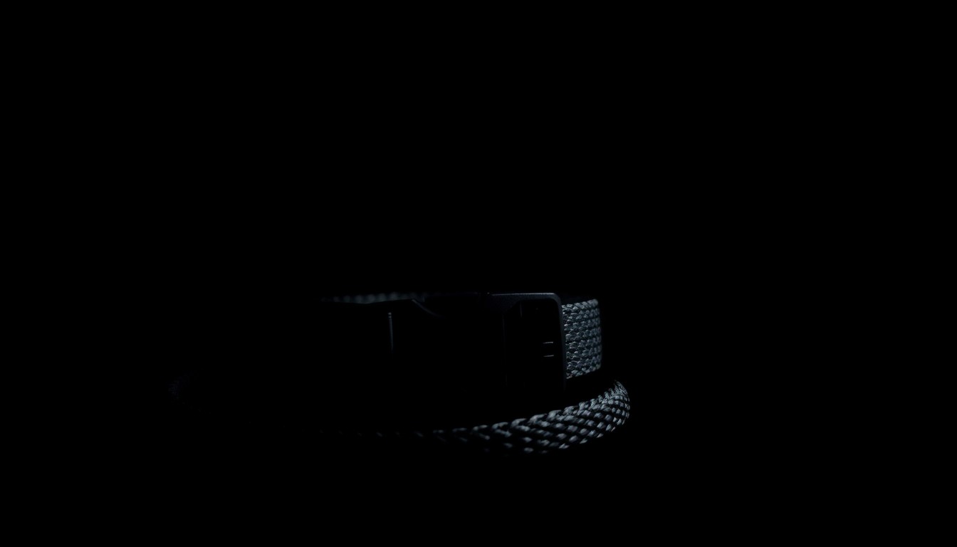 An extreme close-up of a police K9 collar and leash, the metal hardware and textured fabric illuminated by a harsh, direct flash against a pitch-black background, conceptually representing the critical role of K9 officers in law enforcement.