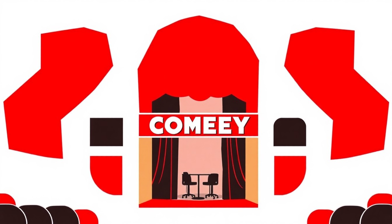 An abstract, minimalist illustration featuring bold, jagged shapes in bright red and white, conceptually representing the energy and spirit of a comedy theater.
