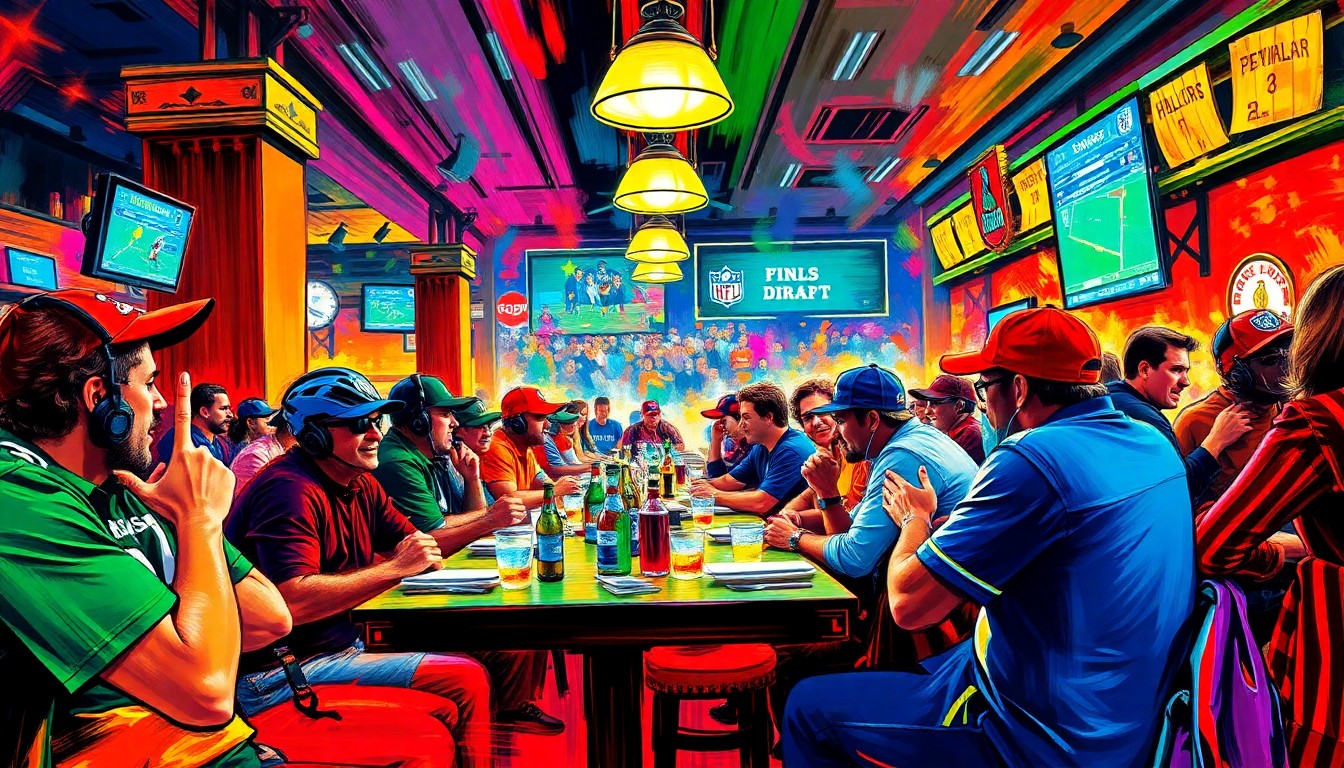 A dynamic, colorful painting in the style of LeRoy Neiman, featuring bold brushstrokes and neon hues that capture the lively energy of a bustling Pittsburgh restaurant during the NFL Draft.