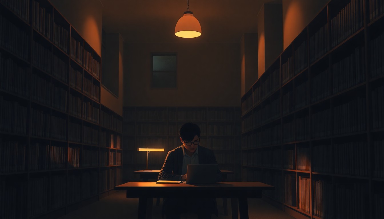 A dimly lit campus library scene with a lone graduate student working late at a desk, the space bathed in warm, cinematic lighting and deep shadows, conceptually representing the challenges facing the academic community.