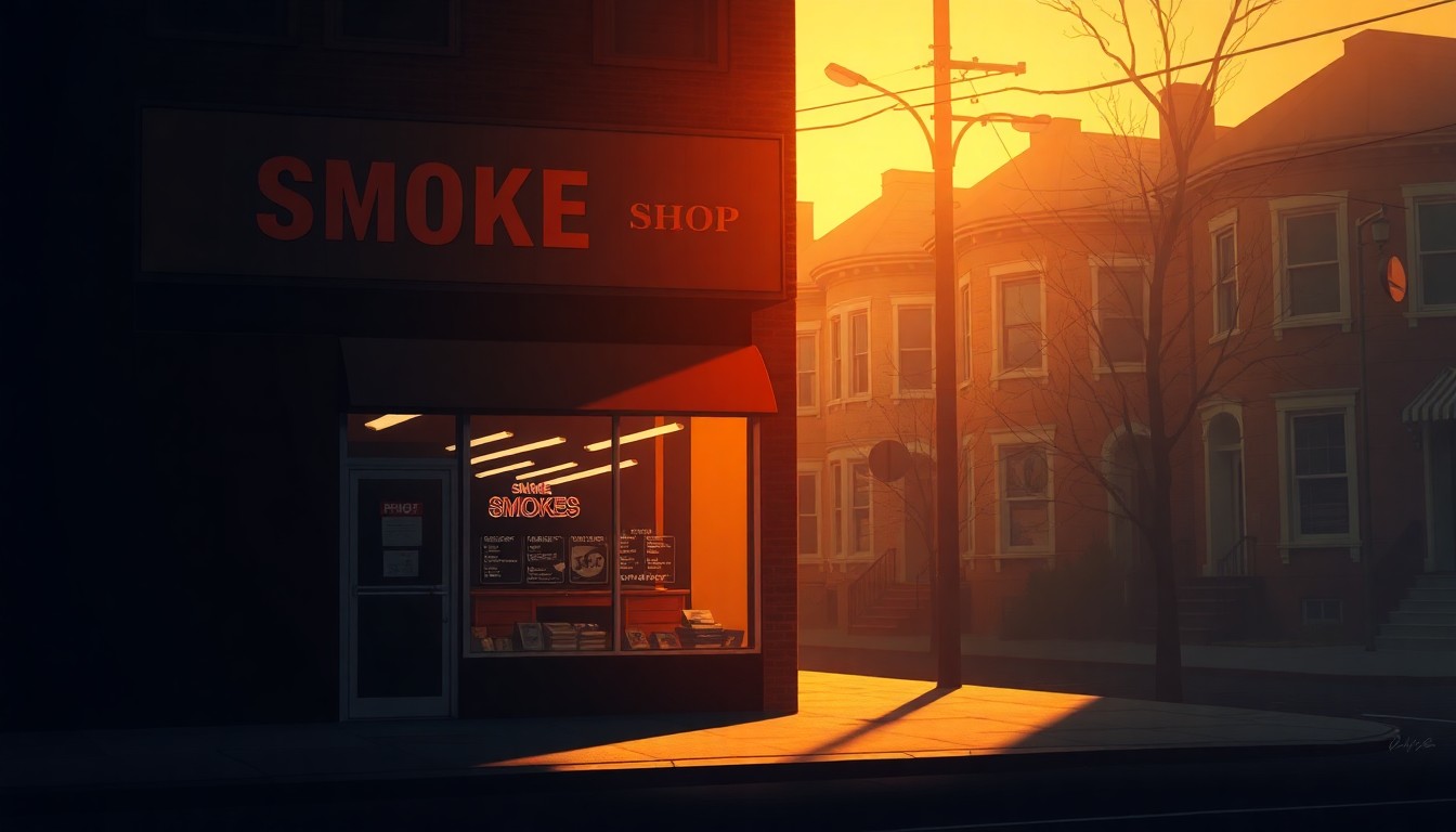 A photorealistic painting of a single smoke shop storefront in an urban setting, with warm lighting and deep shadows creating a contemplative, cinematic mood.