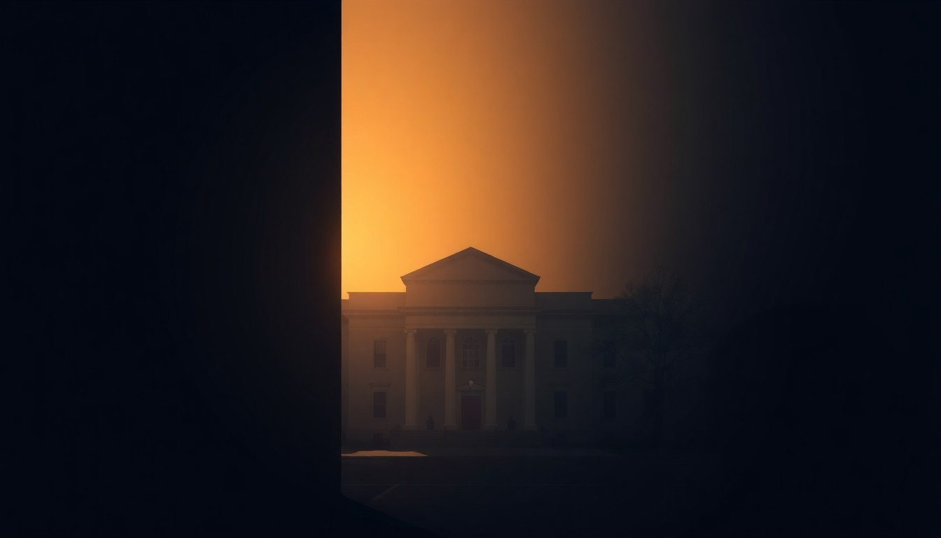 A photorealistic painting of a stately city hall building in warm golden light, with deep shadows across the facade, capturing a sense of civic pride and quiet determination.